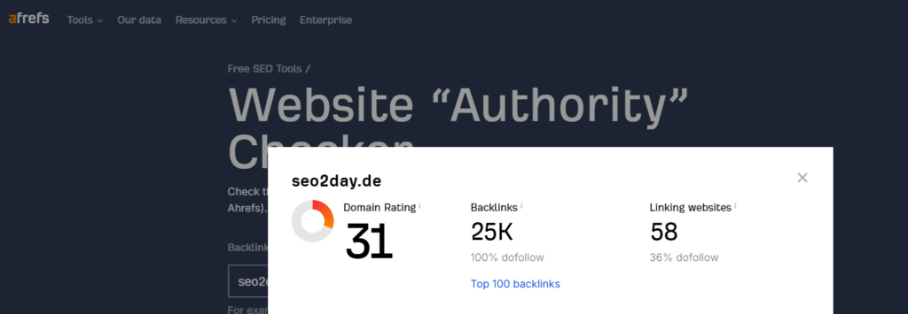Domain Rating (DR) von Ahrefs Ergebnis für seo2day.de