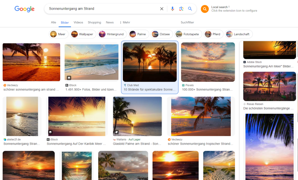 Die Google Suche nach einem Bild für das Keyword Sonnenuntergang am Strand zeigt die Relevanz meiner Suchintention