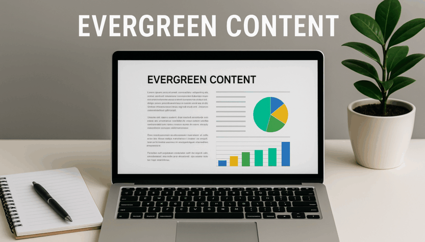 Laptop auf Schreibtisch mit geöffneter Seite „Evergreen Content“, daneben Notizbuch und Pflanze.